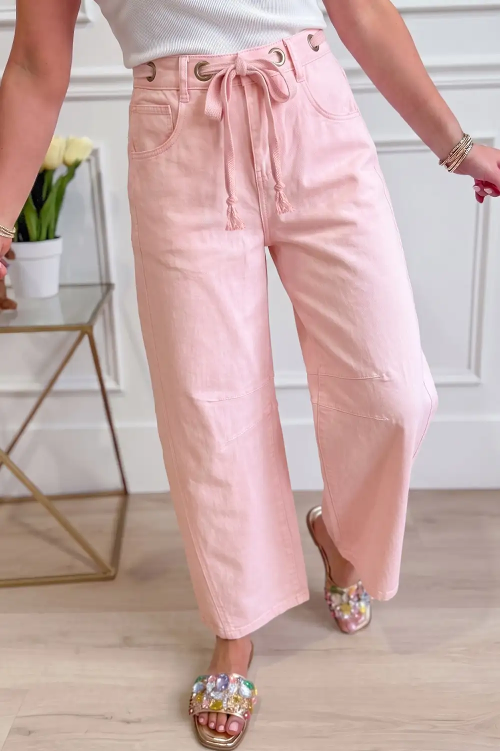 Women's Solid Grommet Detail Knot Waist Barrel Jeans
