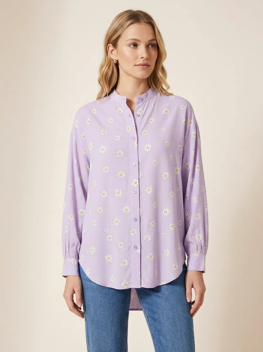 Women's Daisy-Print Dropped-Shoulder Mandarin Shirt