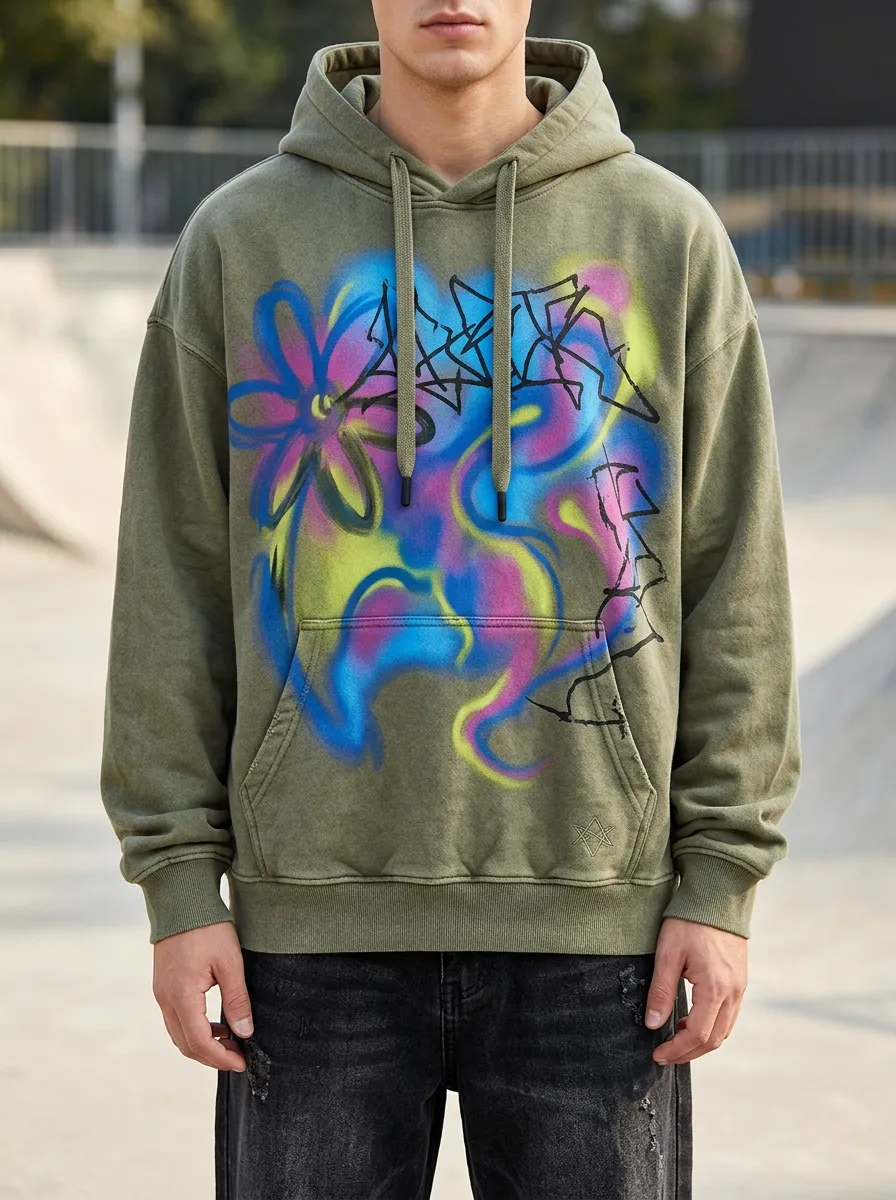 Unisex Streetwear Graffiti Flower Airbrush Graphic Hoodie