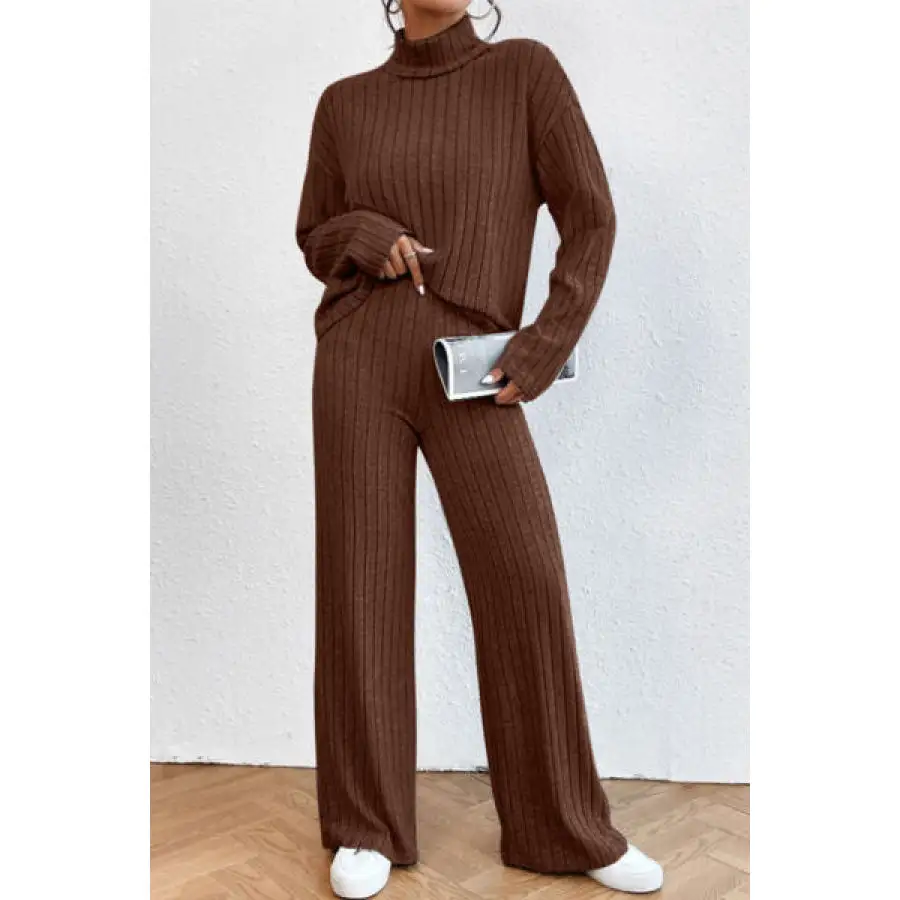 Mock Neck Dropped Shoulder Top and Pants Set