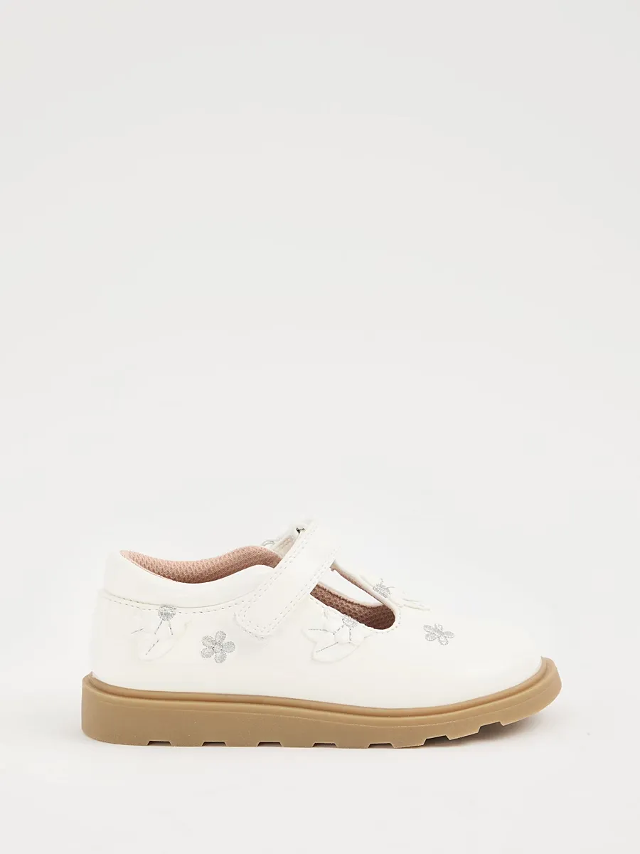 White Floral Appliqué T-Bar Shoes