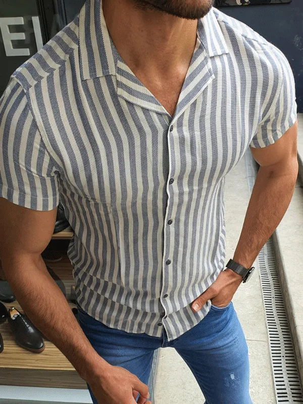Classic Short Sleeve Slim Fit Striped Cotton Casual Shirt