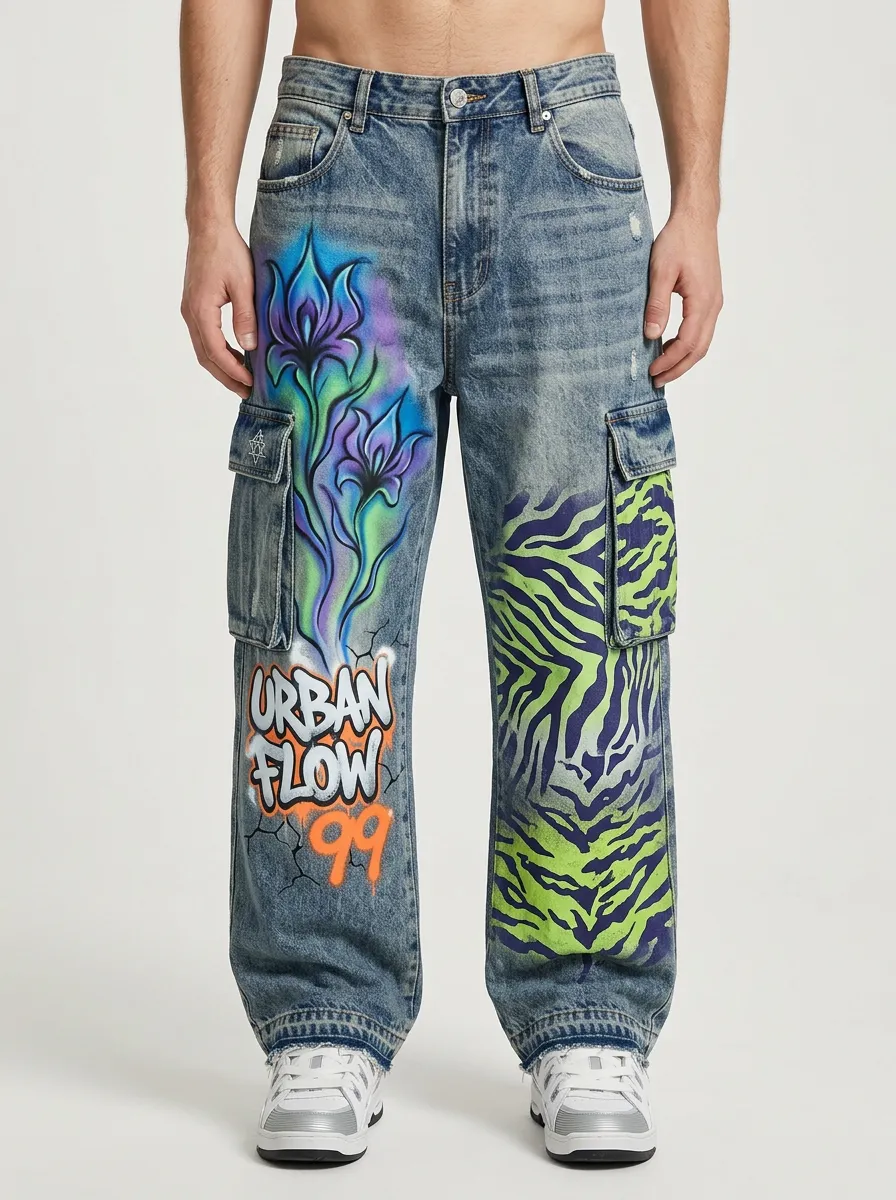 Men's Streetwear Urban Flow Floral Zebra Graphic Cargo Jeans