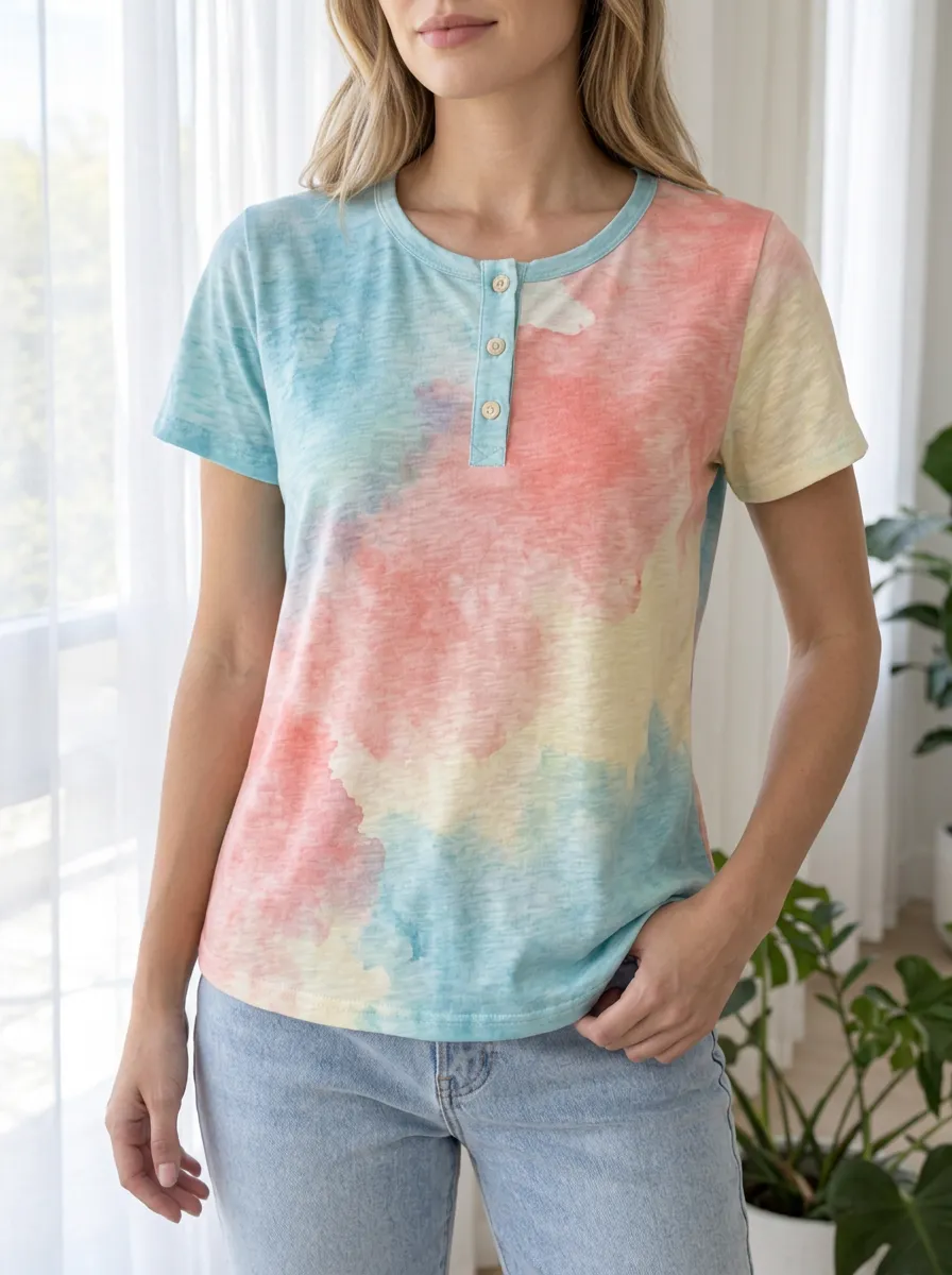 Women's Modern Tie-Dye Watercolor Henley T-Shirt