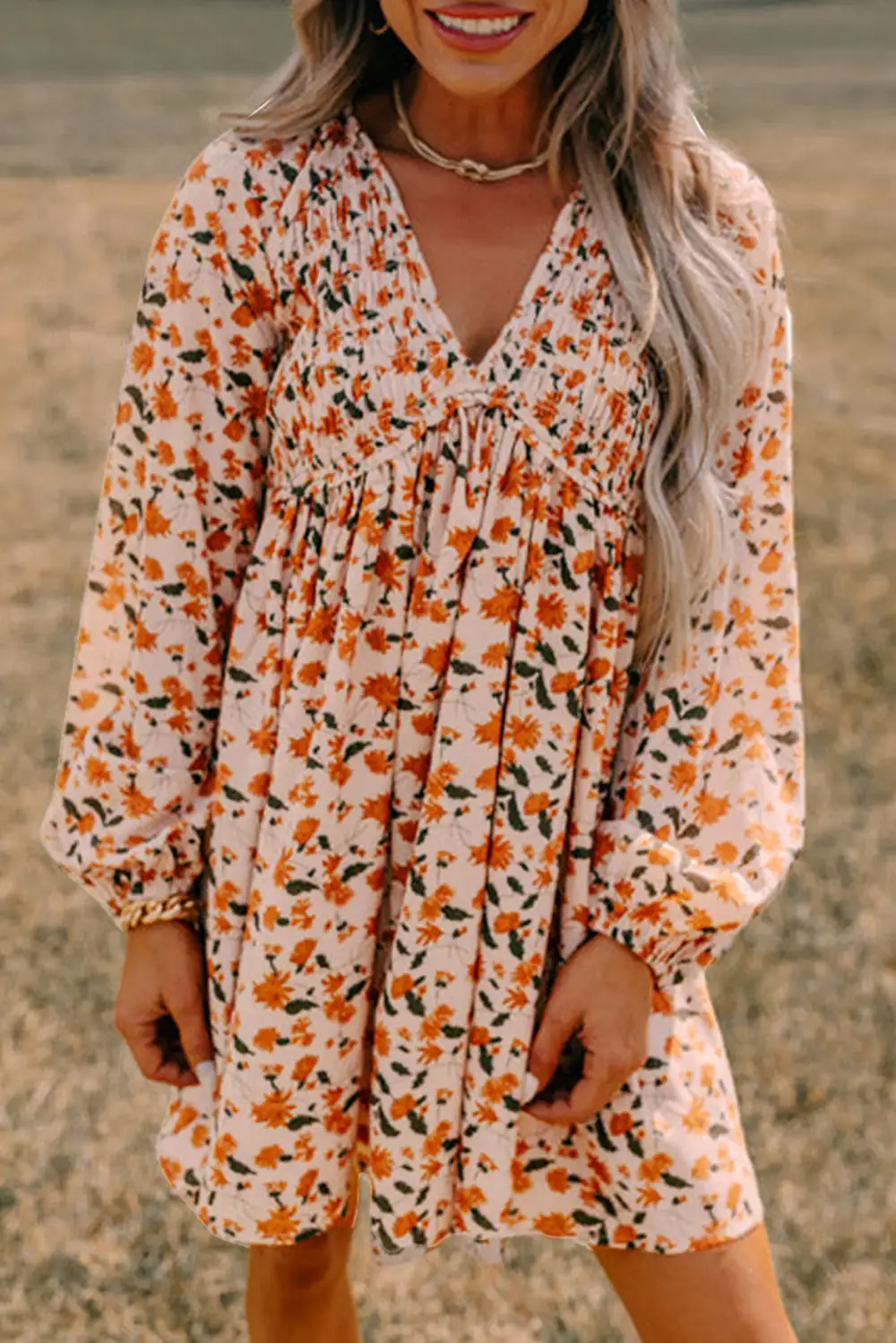 Classic Floral Deep V Neck Smocked Bust Bubble Sleeve Babydoll Dress