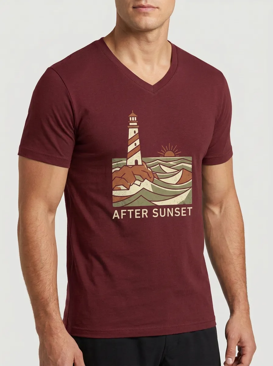 Men's Nautical Ocean Lover Lighthouse Sunset Printed V-Neck T-Shirt