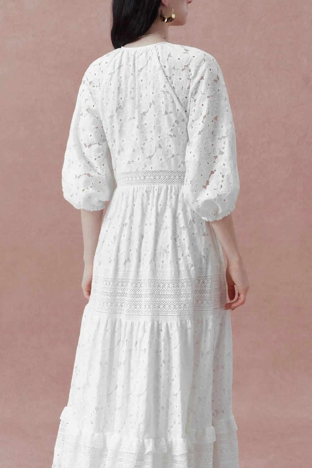 Puff Sleeve Tiered Embroidered Cotton Maxi Dress