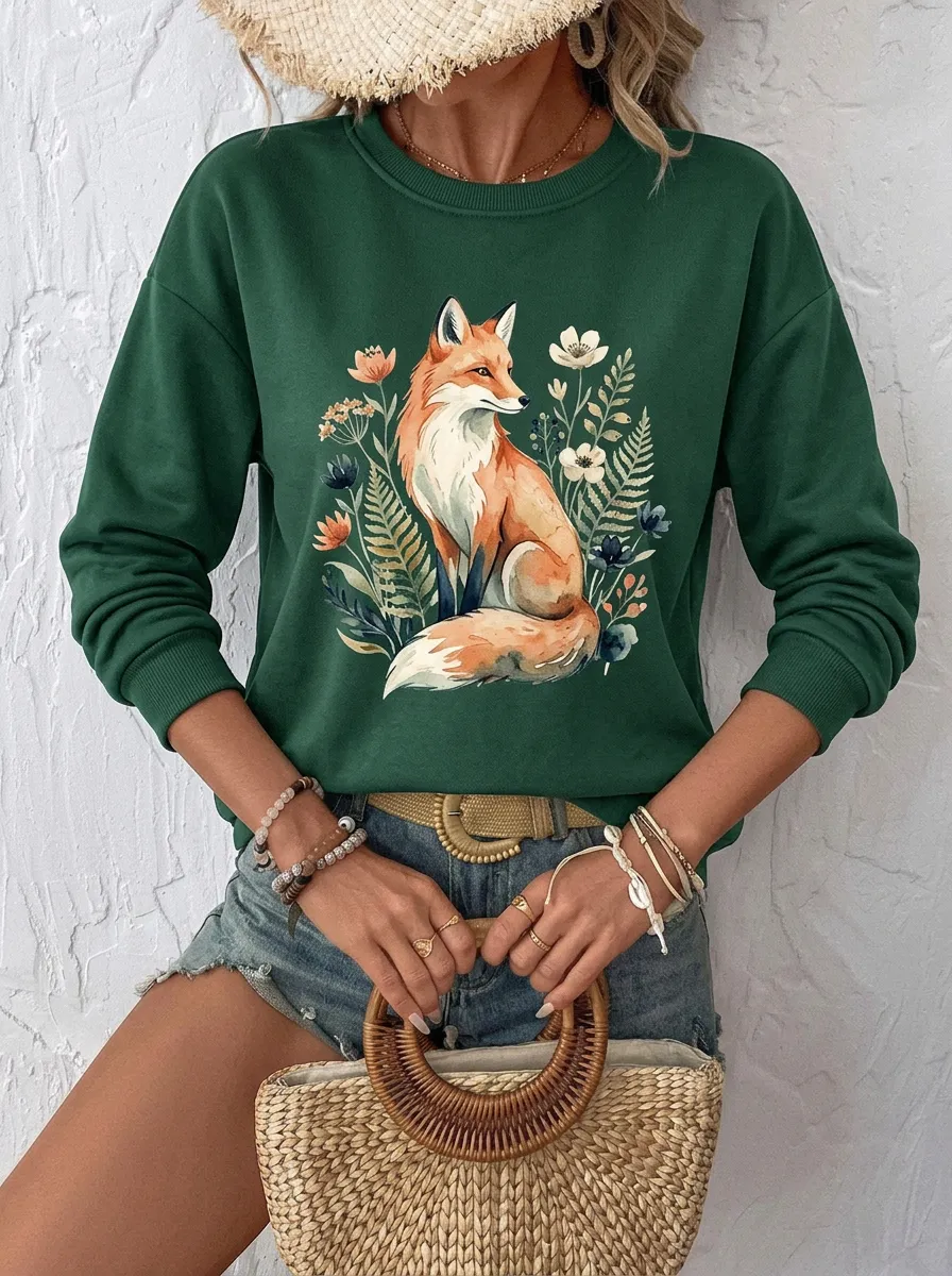 Women's Nature Lover Fox Floral Printed Sweatshirt