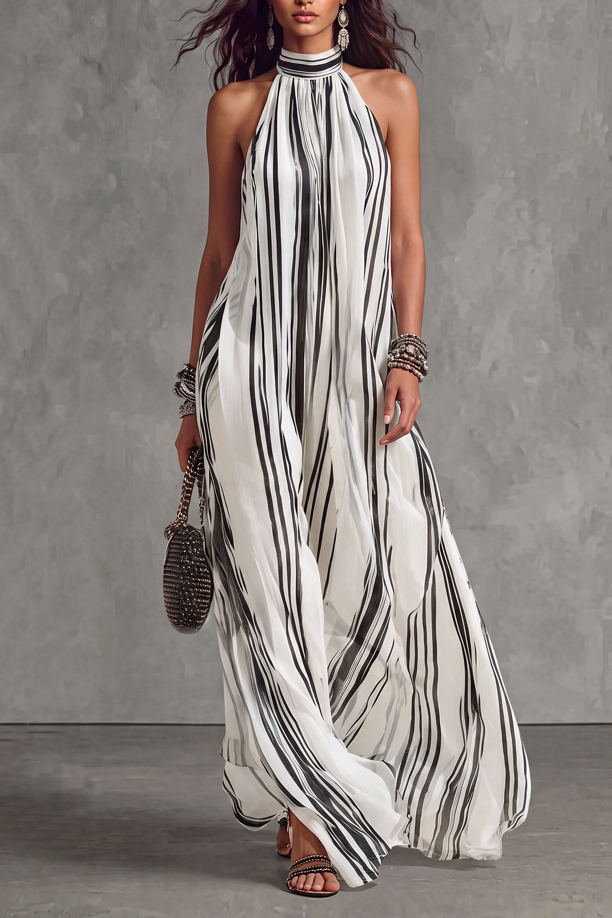 Halter Neck Striped Maxi Dress