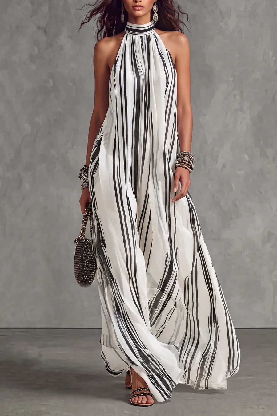 Halter Neck Striped Maxi Dress