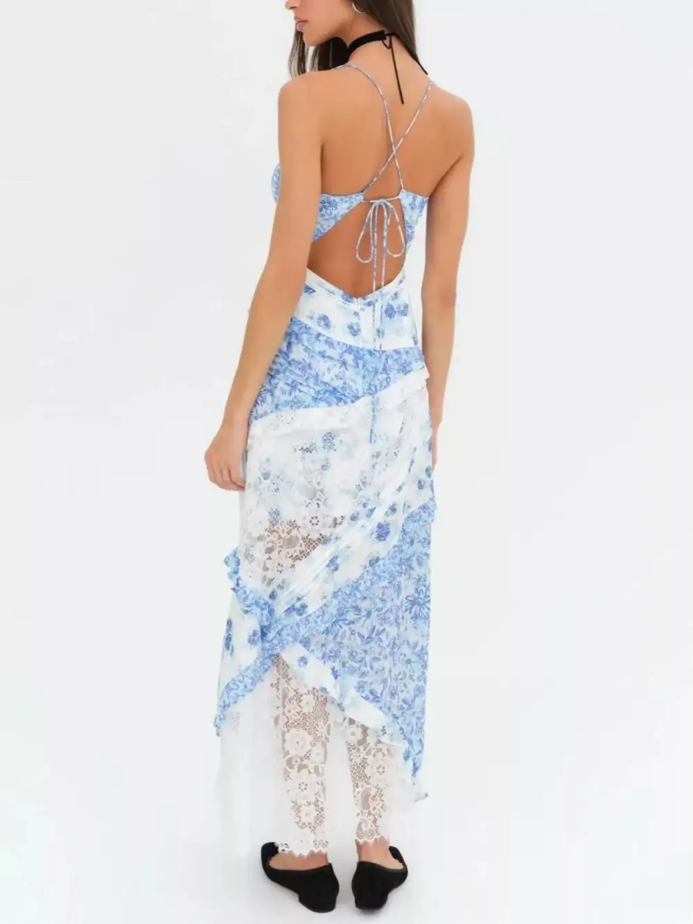 Lace Floral Print Ruffle Trim Maxi Dress