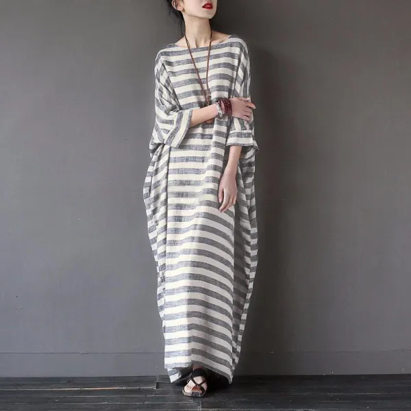 Striped Linen Blend Cotton Blend Maxi Tie Detail Dress