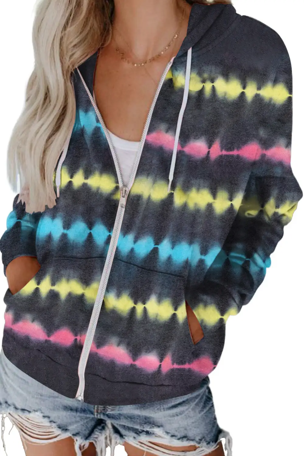 Tie Dye Zipper Pocket Drawstring Hooded Jacket