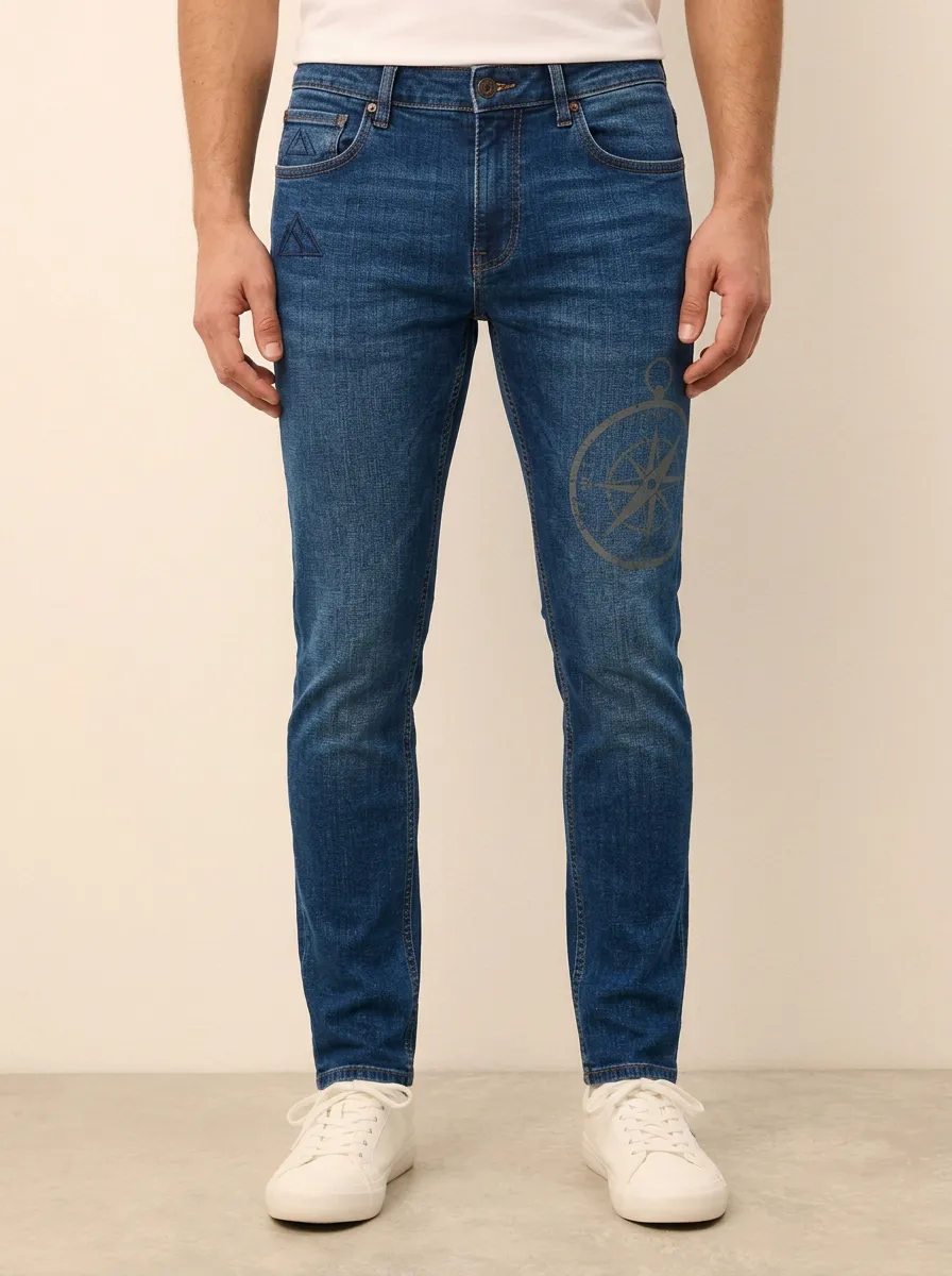Men's Mid-Blue Travel Explorer Compass Stretch Jeans