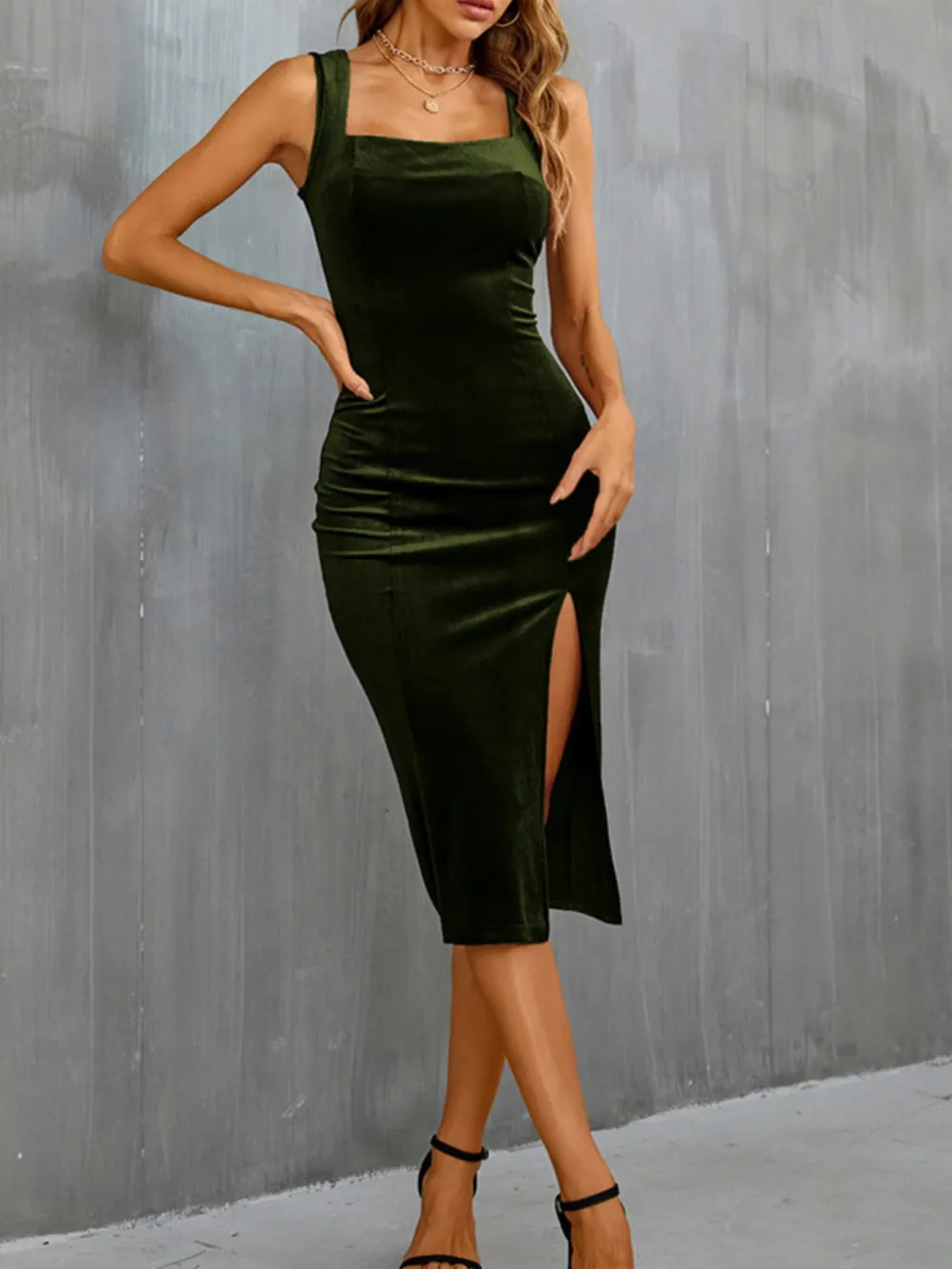 Velvet Slit Midi Dress