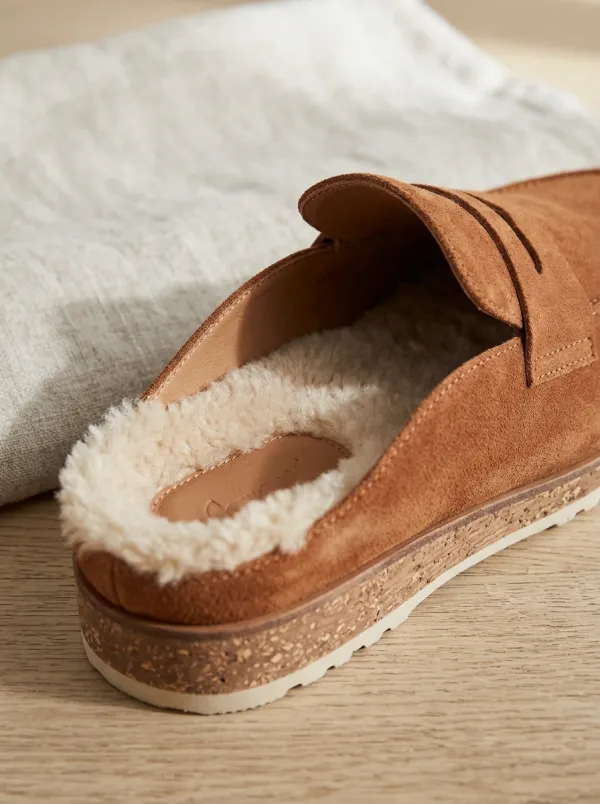 Women's Trail Faux Fur Lined Casual Suede Wood Sole Loafers