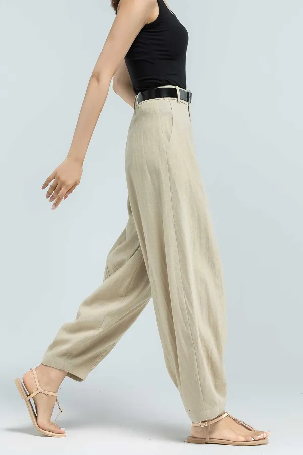 Refined Linen Cotton Wide Leg Cropped High Waist Pocketed Trousers