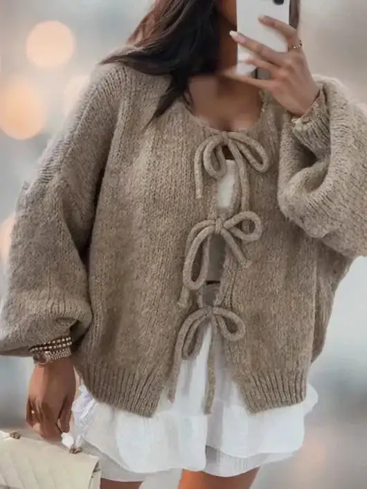 Soft Knit Tie Front Cardigan Balloon Sleeve Bow Detail
