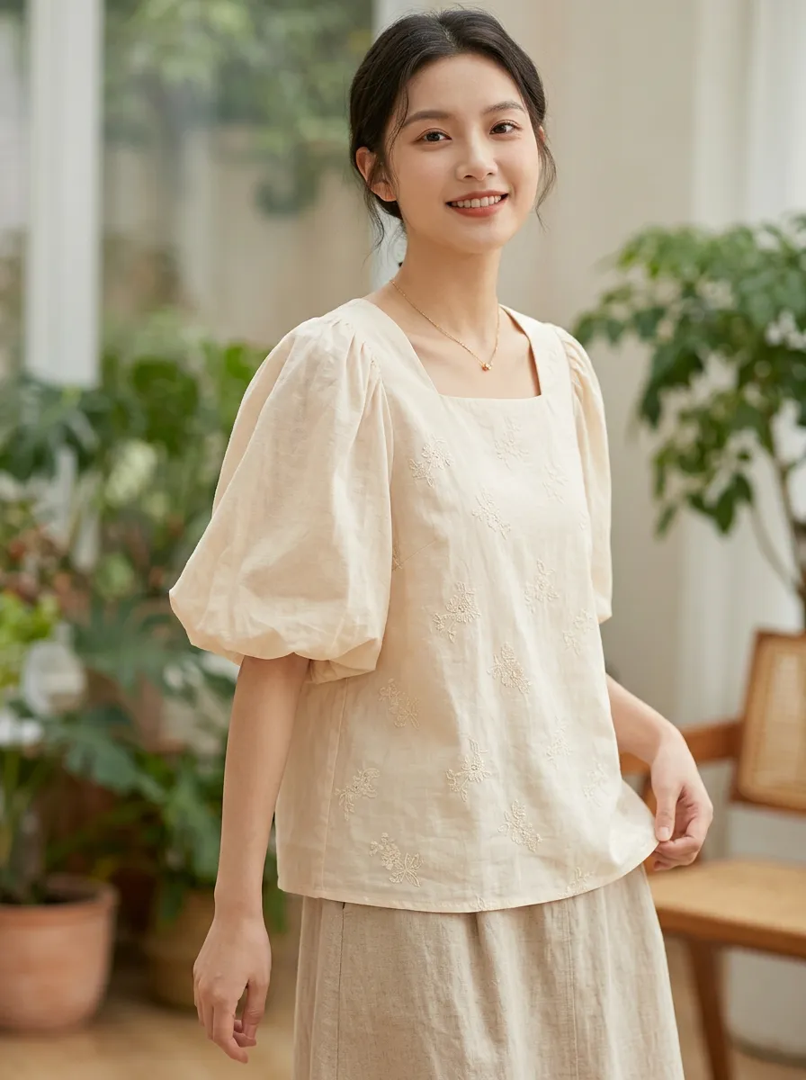 Embroidered Square-Neck Button-Front Women's Puff-Sleeve Blouse