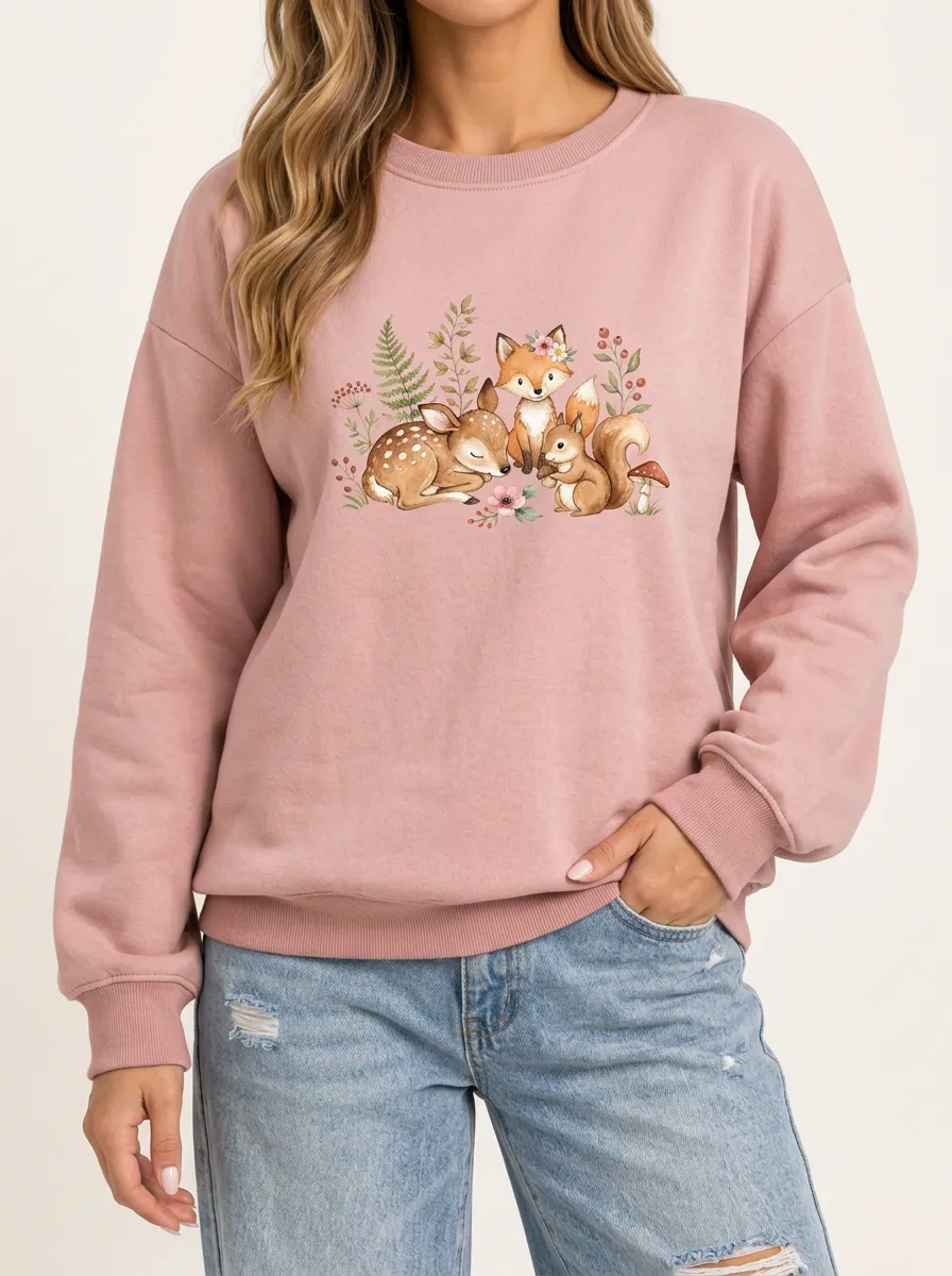 Women's Graphic Crewneck with Fox and Deer Design