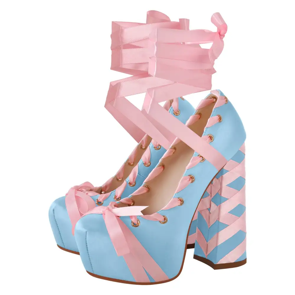 Bow Accent Pointed Toe Platform Chunky Heel Lace Up Pumps