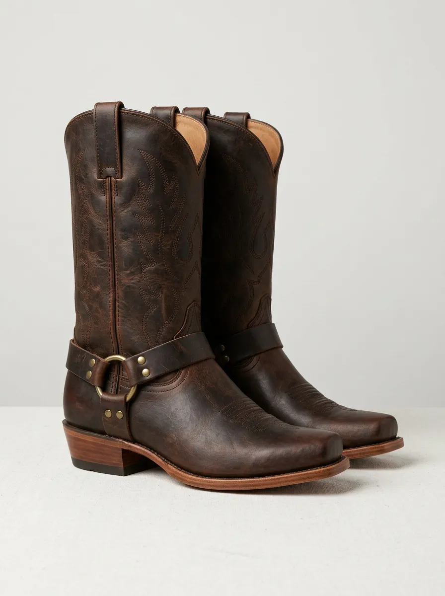 Men's Heritage Western Brown Leather Harness Printed Boots