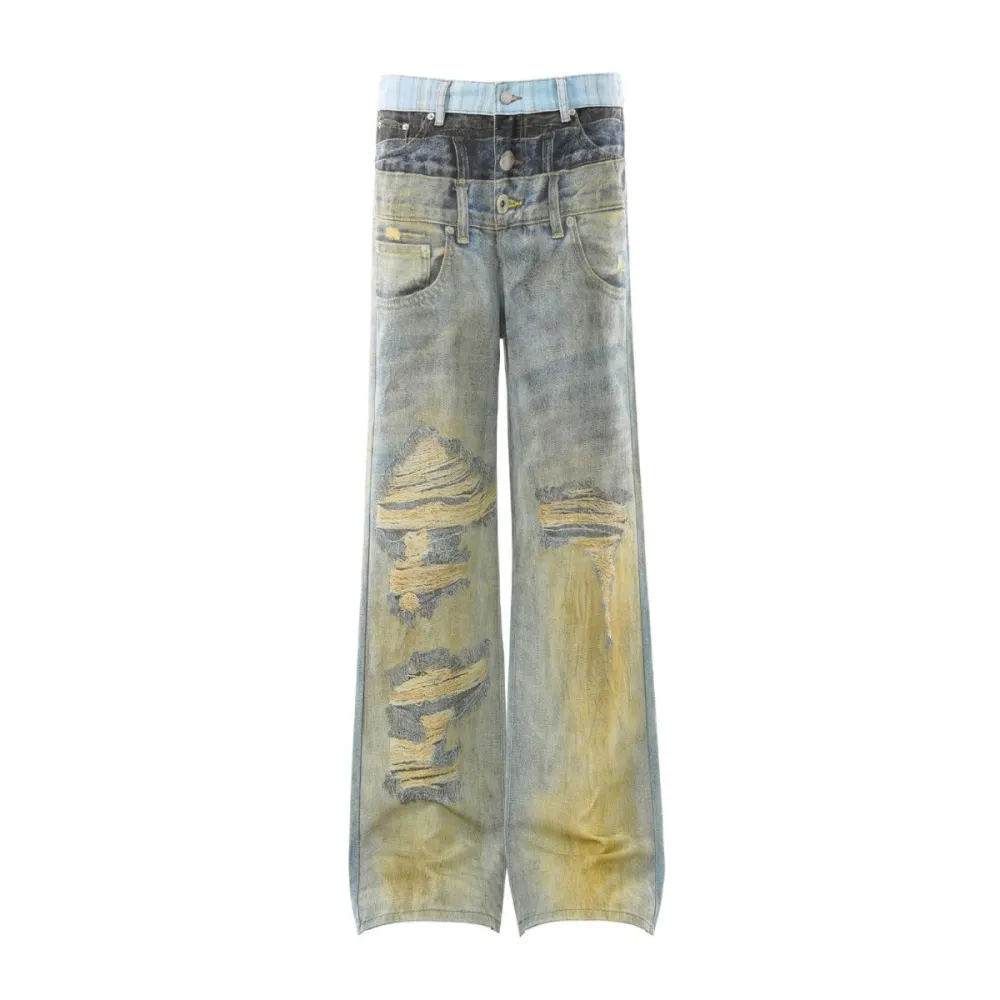 Straight Leg Distressed Washed Denim Jeans