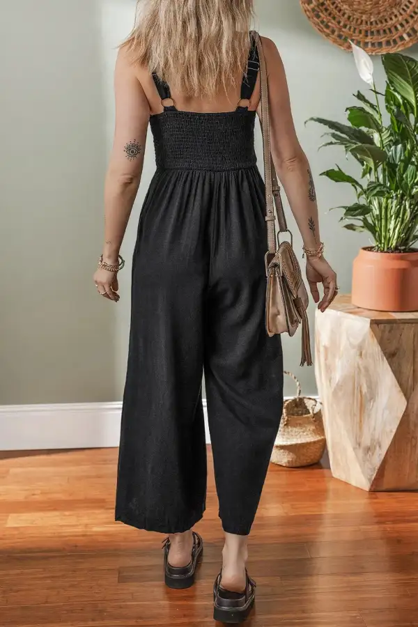 Front Panel Detail Smocked Back Sleeveless Jumpsuit