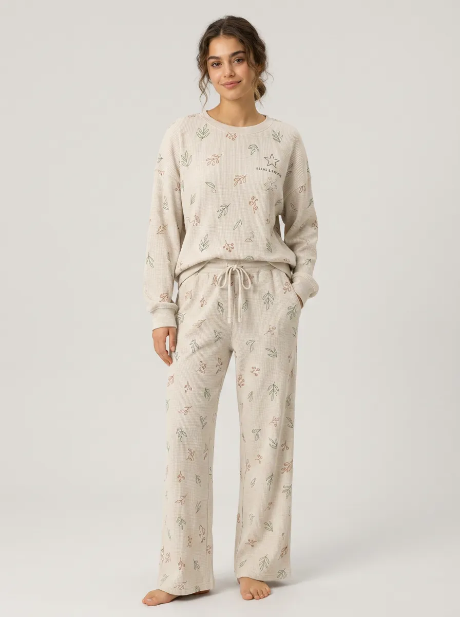 Women's Botanical Leaf Star Pattern Printed Waffle Knit Lounge Set