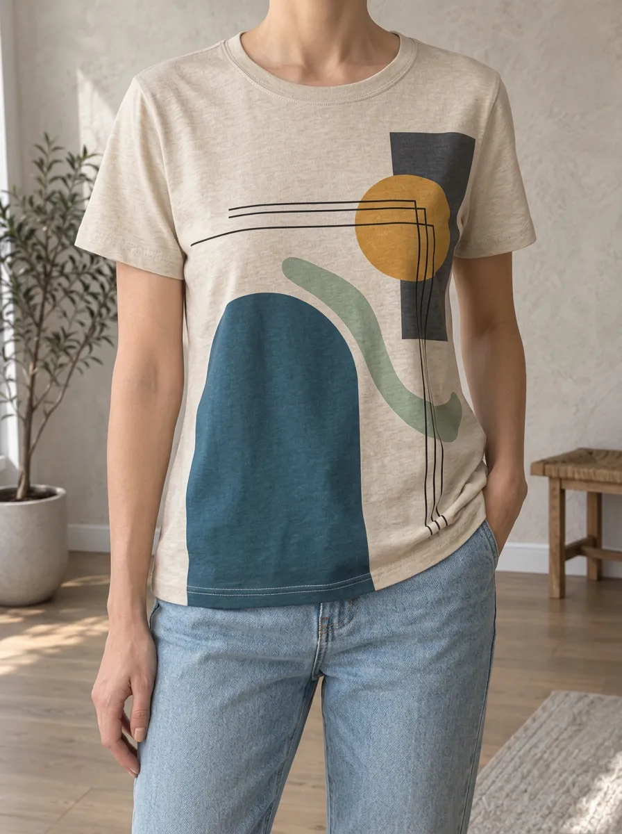 Women's Abstract Geometric Art Linear Crew Neck T-Shirt