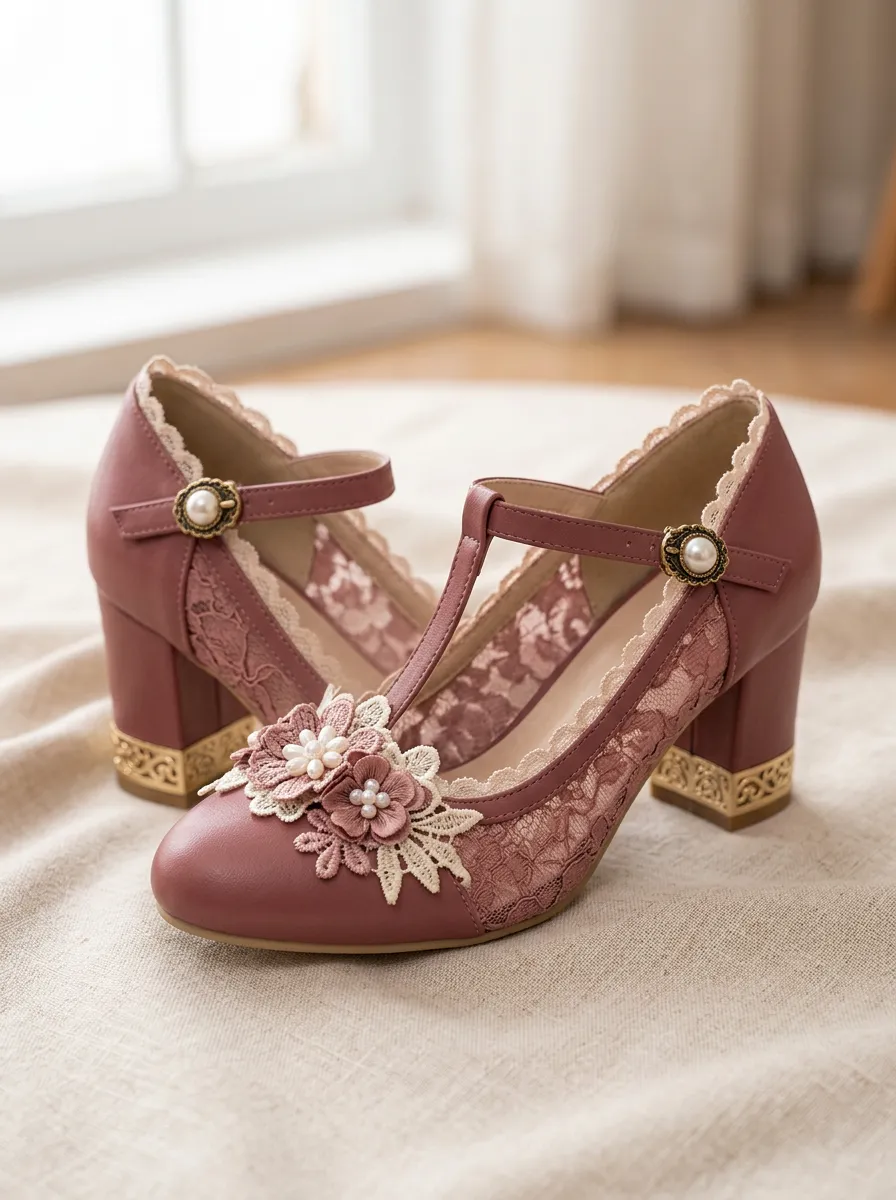 T-Strap Lace Pearl Floral Women's Bavarian Occasion Heels