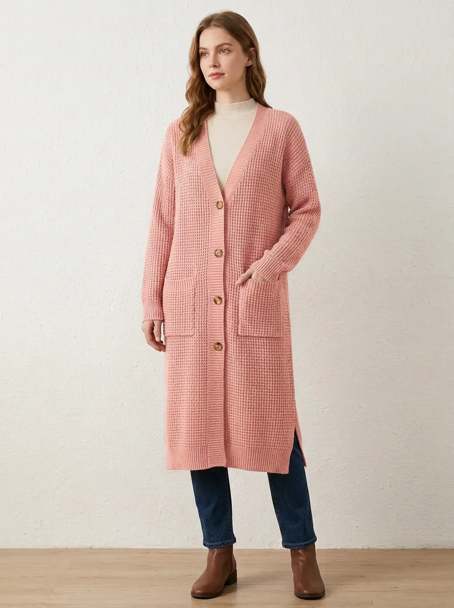 Women's Waffle Textured Button Detail Knit Cardigan