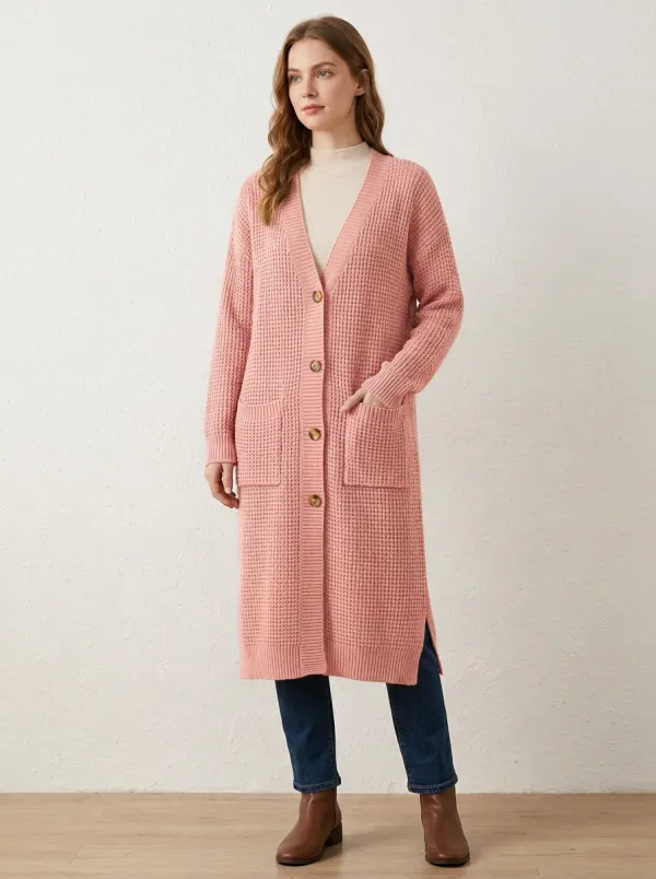 Women's Waffle Textured Button Detail Knit Cardigan