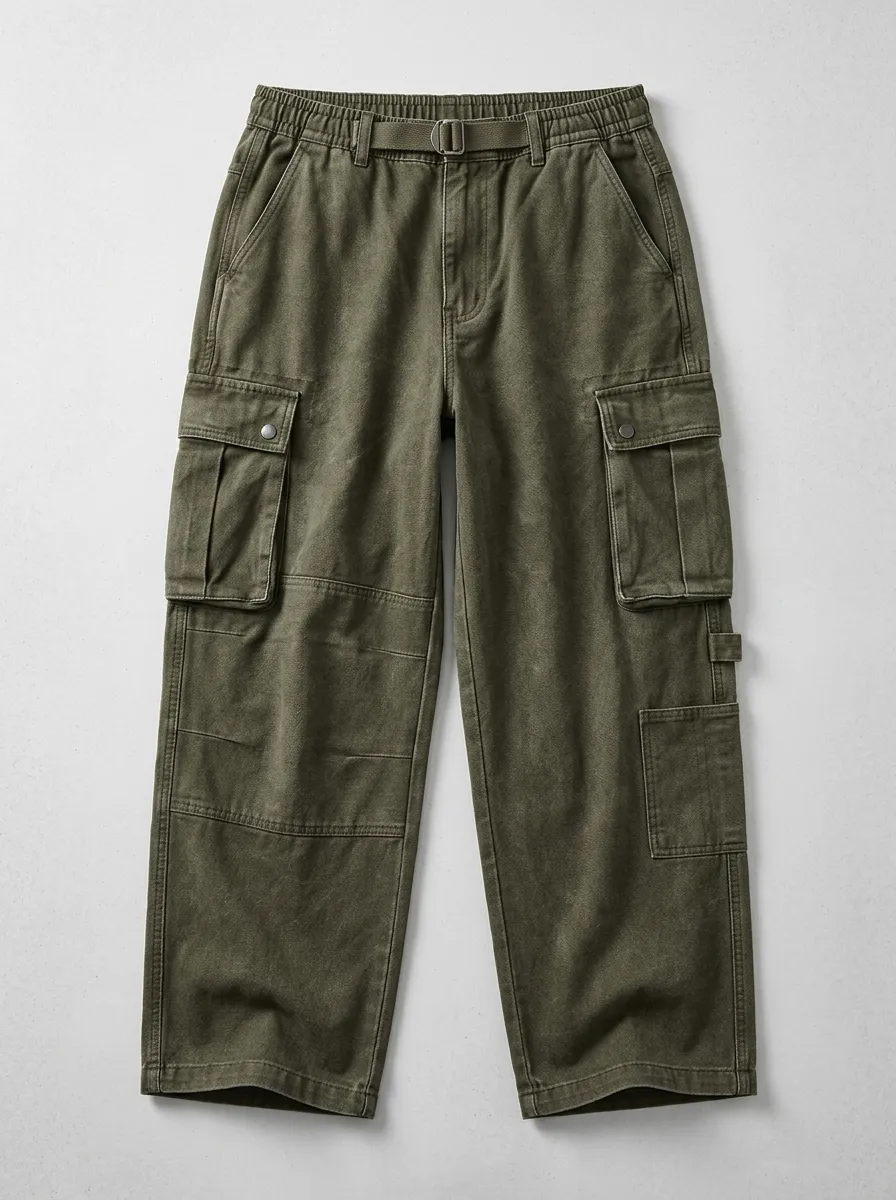 Men's Olive Green Multi-Pocket Belted Cargo Pants