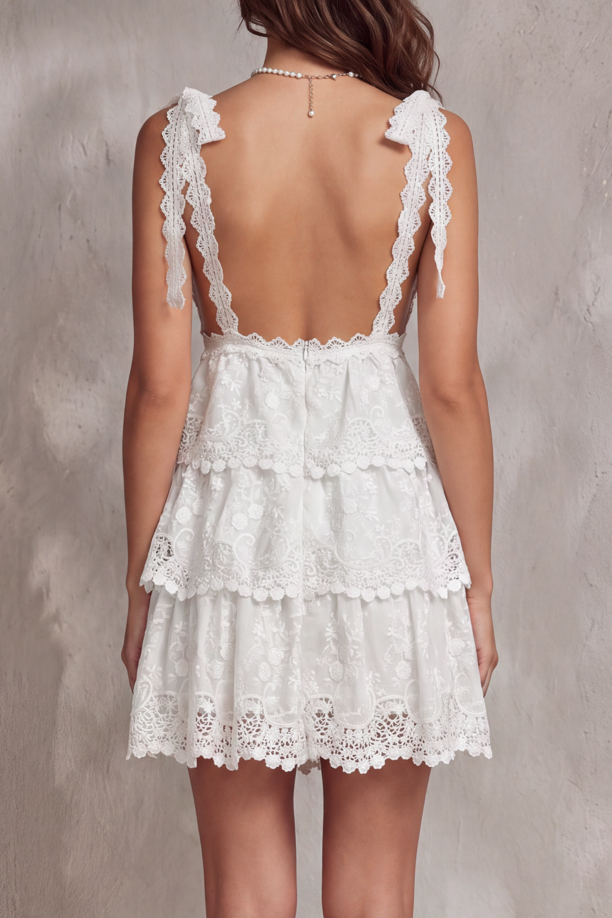 V Neck Tie Detail Lace Mini Dress