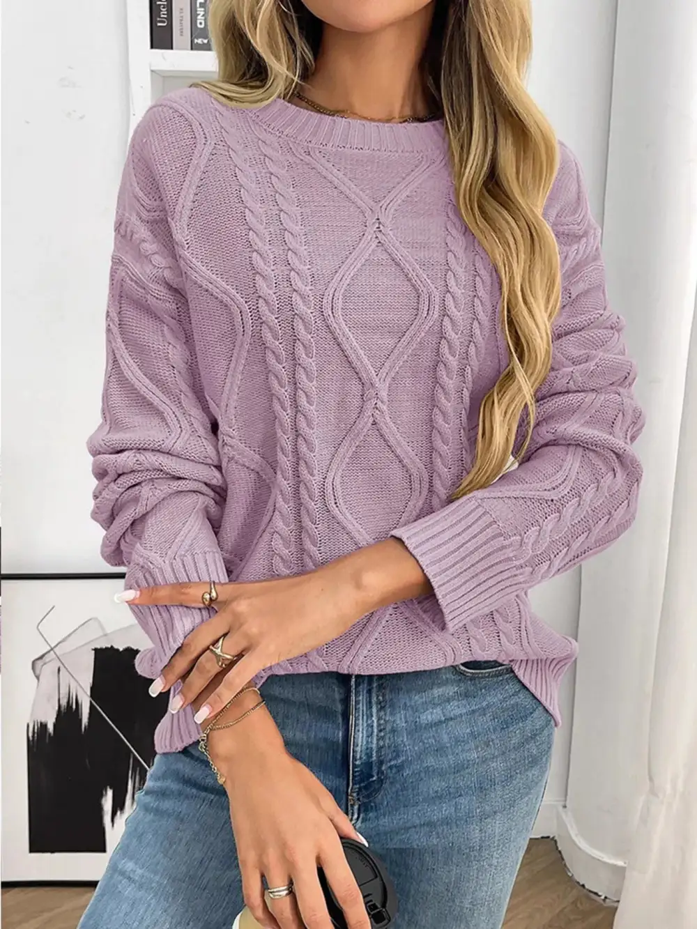 Long Sleeve Round Neck Cable Knit Sweater