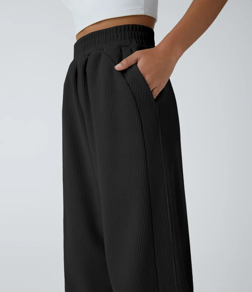 High Waisted Side Pocket Straight Leg Mop Corduroy Casual Pants