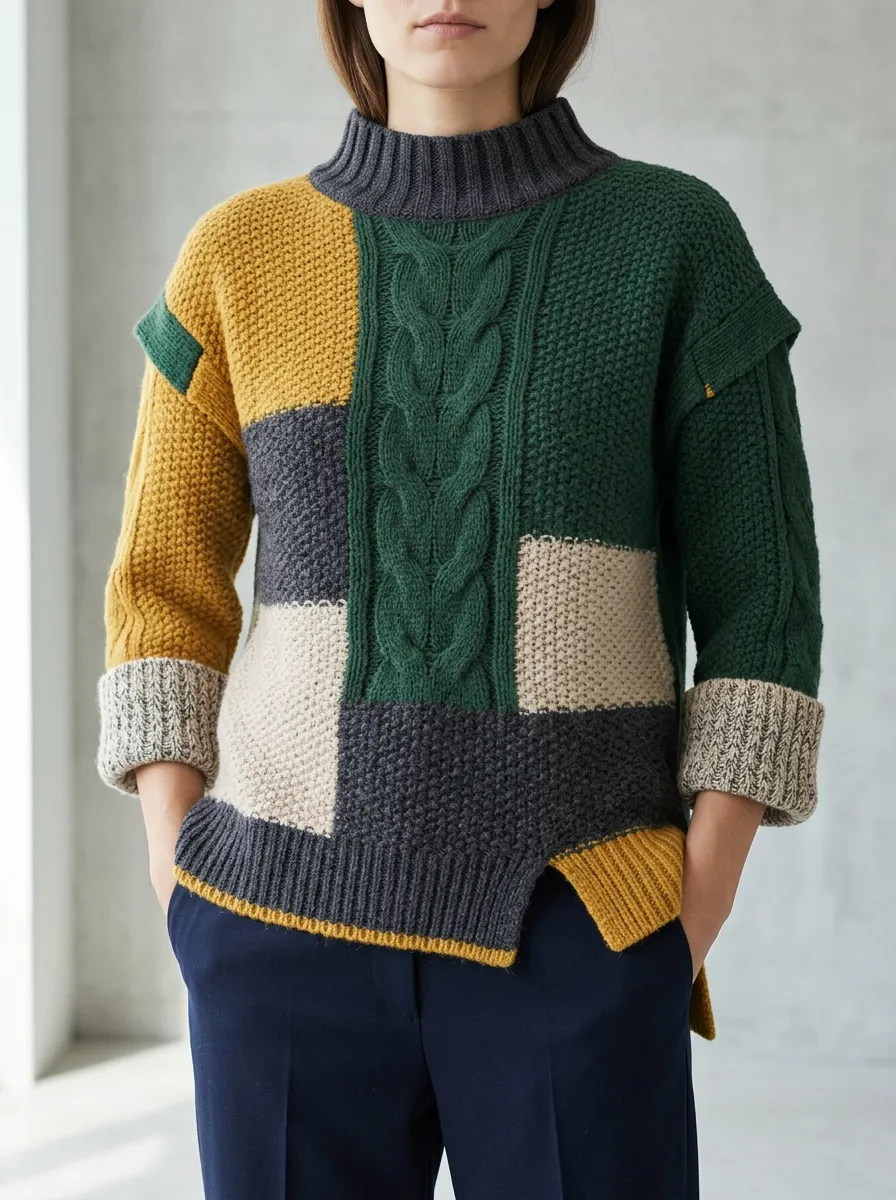 Everyday Ready Cable Knit Knit Pullover Featuring Patchwork and Mock Neck