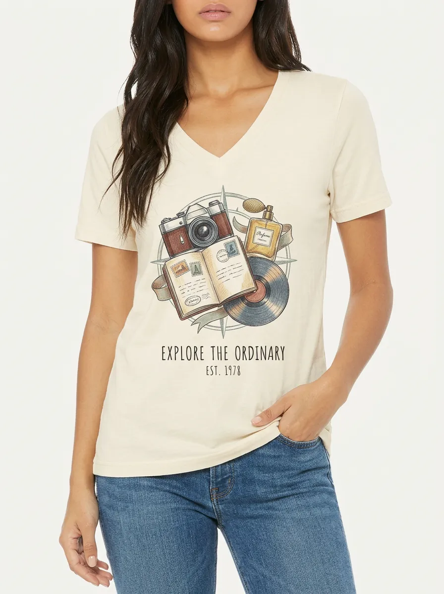 Women's Travel Hobbyist Camera Journal Vinyl Graphic V-Neck T-Shirt