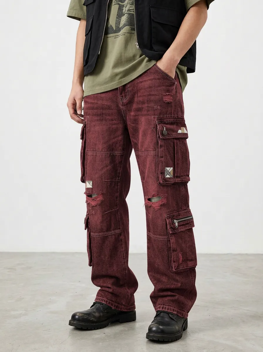 Men's Atlas Streetwear Distressed Denim Multi-Pocket Cargo Jeans