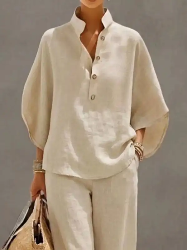 Full Size Button Detail Sleeve Top and Pants Set Plus Size