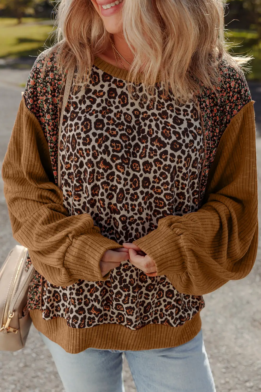 Women's Leopard Print Floral Print Ribbed Pullover Top