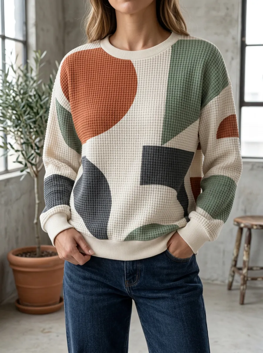 Women's Abstract Geometric Pattern Textured Waffle Knit Crewneck Sweatshirt