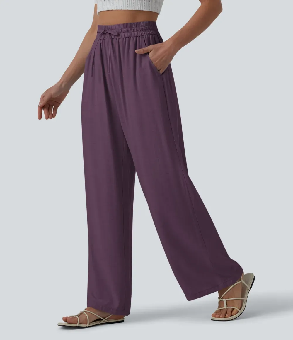 2026🔥High Waisted Drawstring Wide Leg Casual Linen-Blend Trousers with Pockets