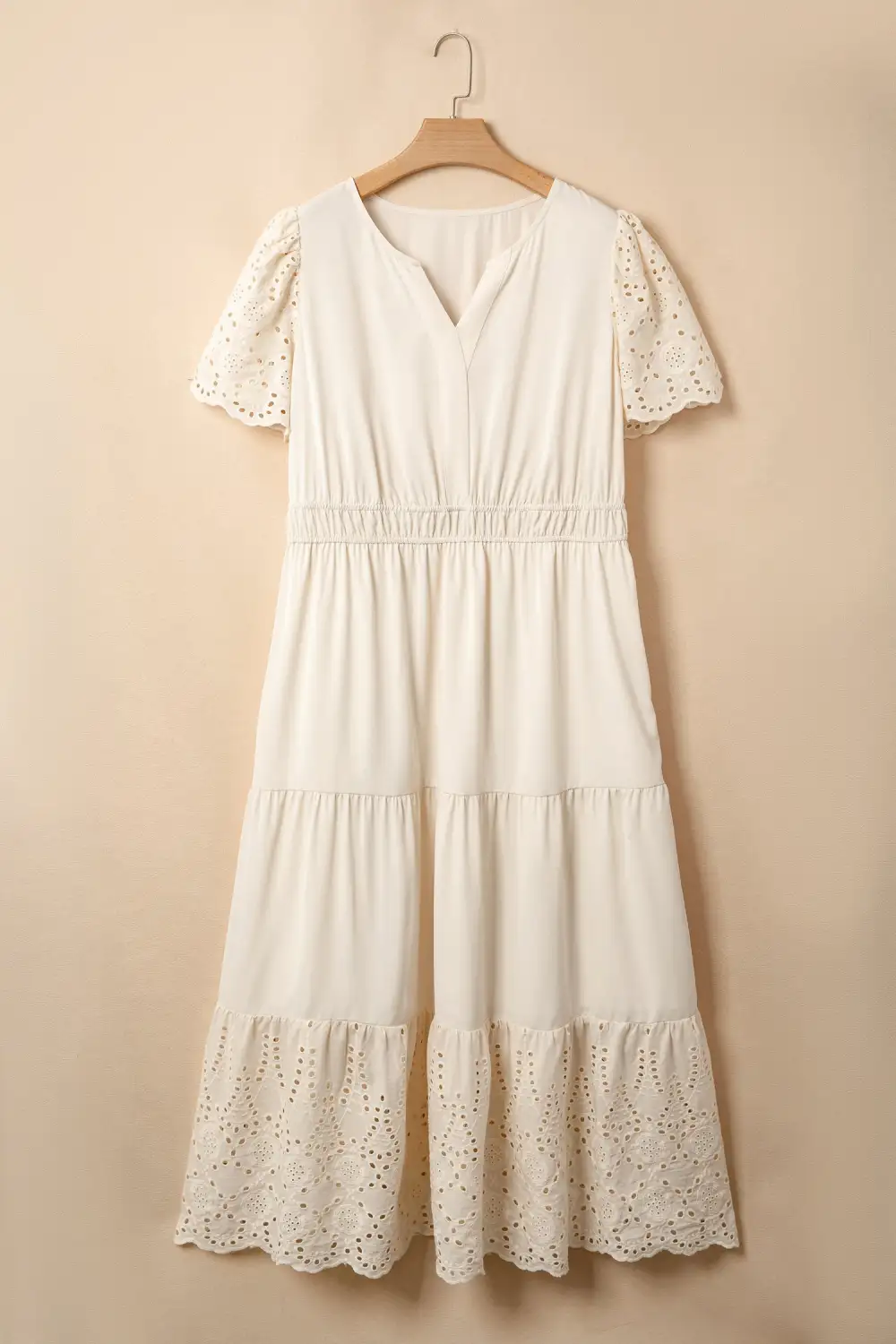 Classic Plus Fit V Neck Lacy Embroidery Patchwork Short Sleeve Maxi Dress