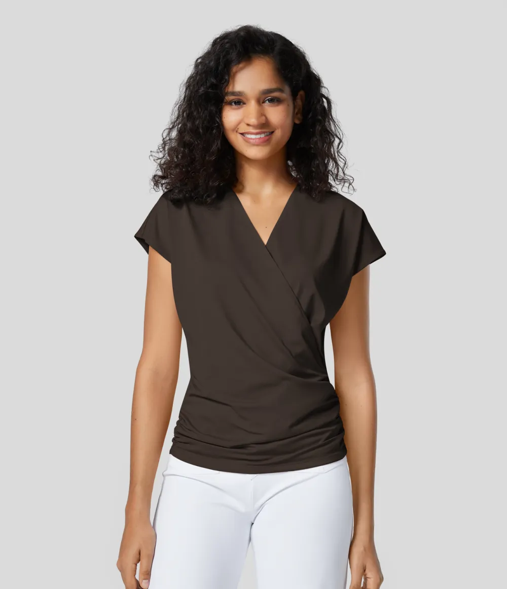 V Neck Cap Sleeve Crossover Ruched Solid Work Blouse