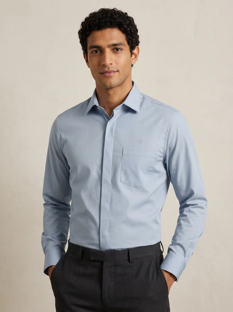 Men's Non-Iron Cotton  Logo Embroidered Long Sleeve Shirt