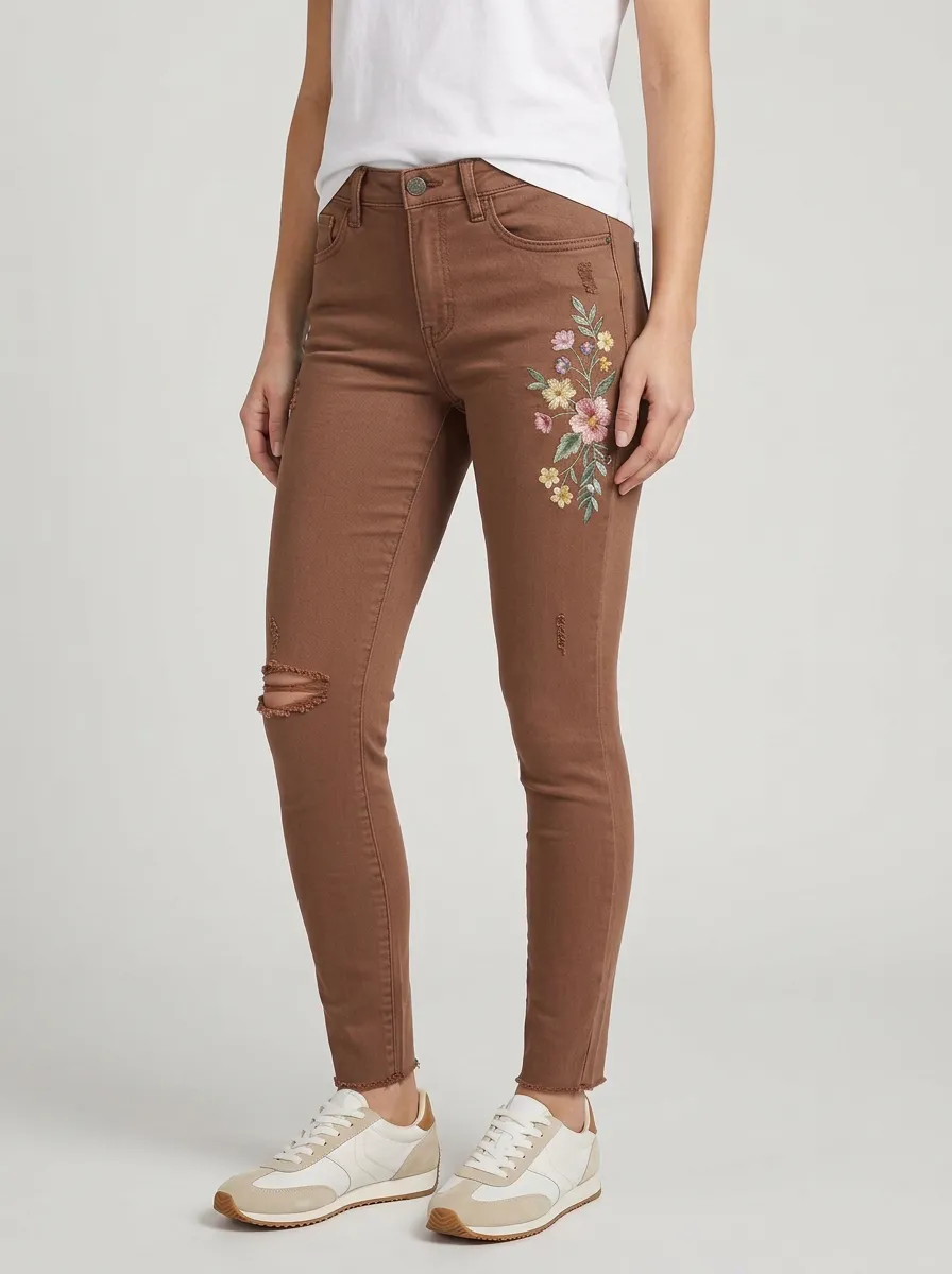 Women's Floral Embroidered Distressed Slim Jeans