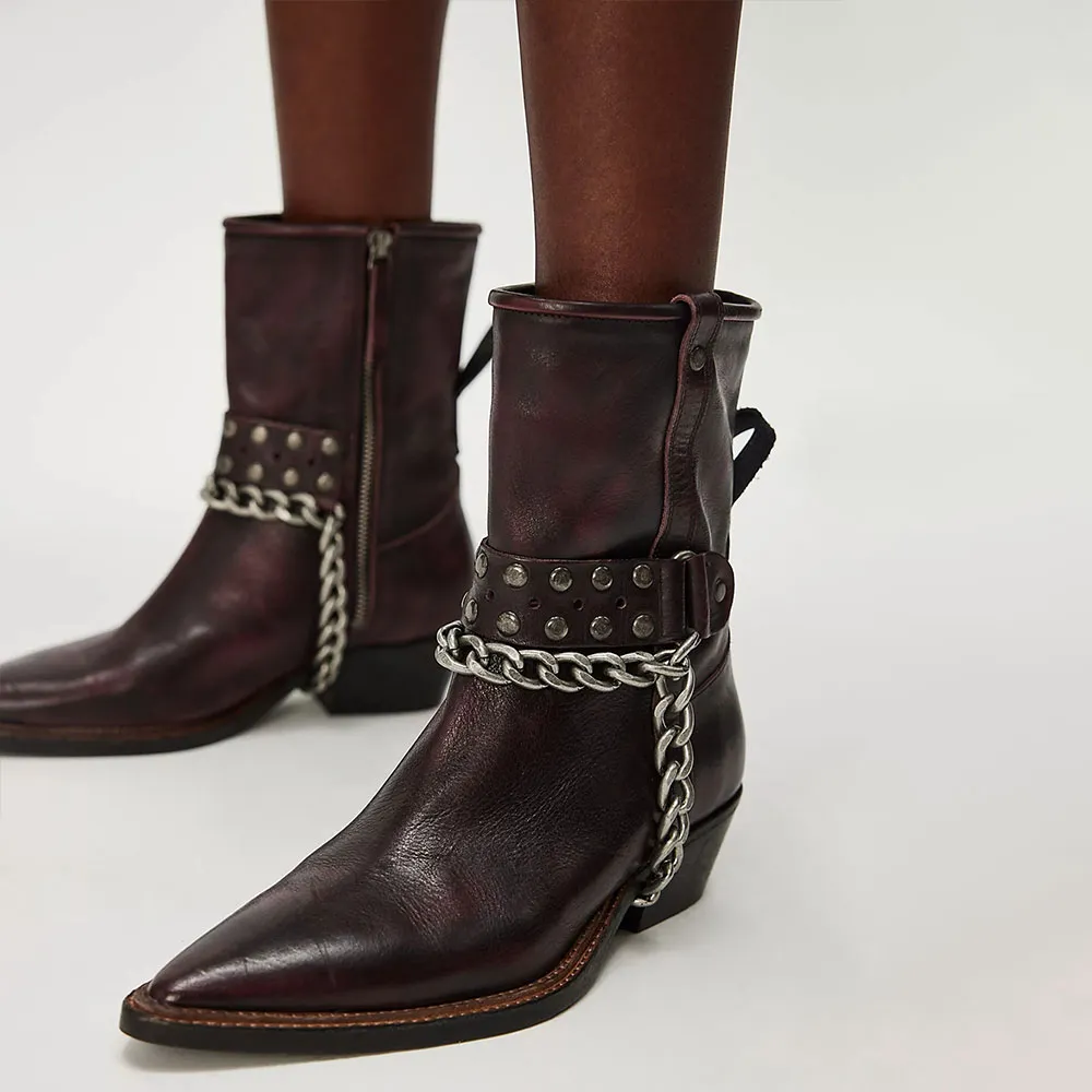 Faux-Leather Studded Chain-Detail Zip-Up Western Boots