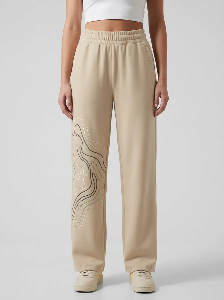 Women's Minimalist Beige Abstract Contour Graphic Sweatpants